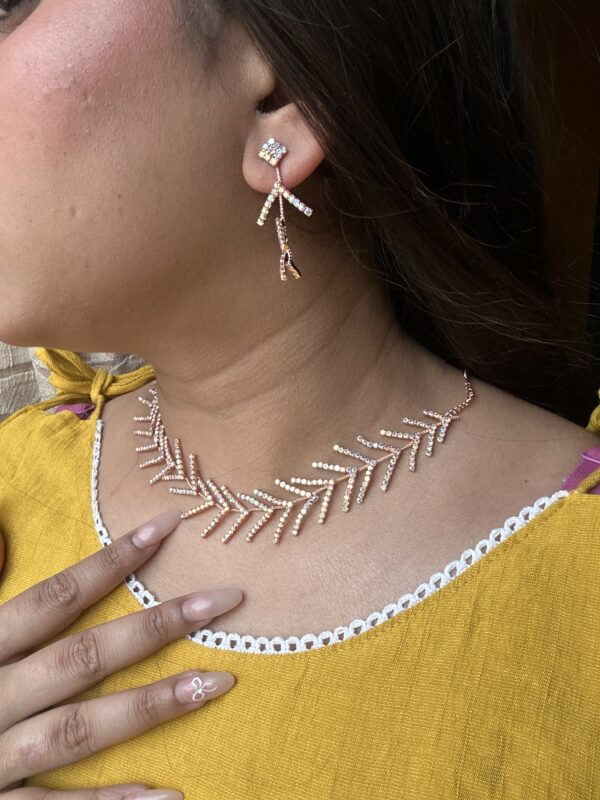 Trendy Rose Gold Necklace & Earring Set with Leaf Branch Design