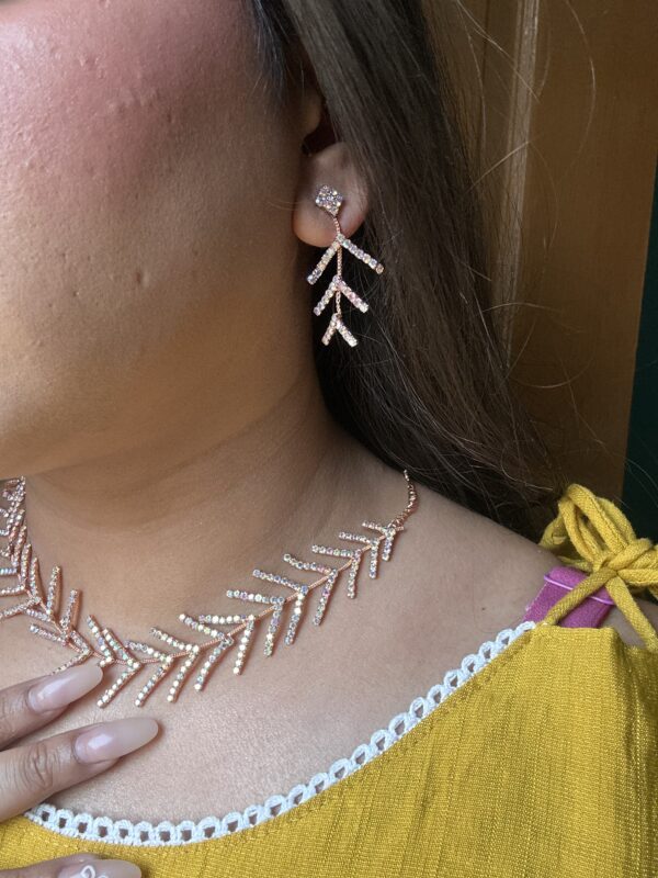 Trendy Rose Gold Necklace & Earring Set with Leaf Branch Design - Image 5