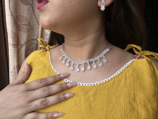 Elegant Silver-Tone Artificial Diamond Necklace & Earring Set with Floral Pendant - Image 5