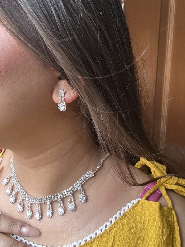 Elegant Silver-Tone Artificial Diamond Necklace & Earring Set with Floral Pendant - Image 4